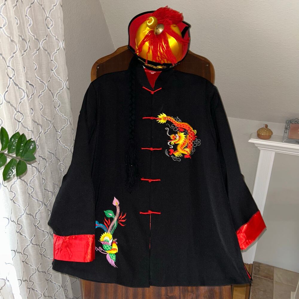 Grace Chuang New York Black Dragon Jacket Red Lining & emperor Hat Sz XXL